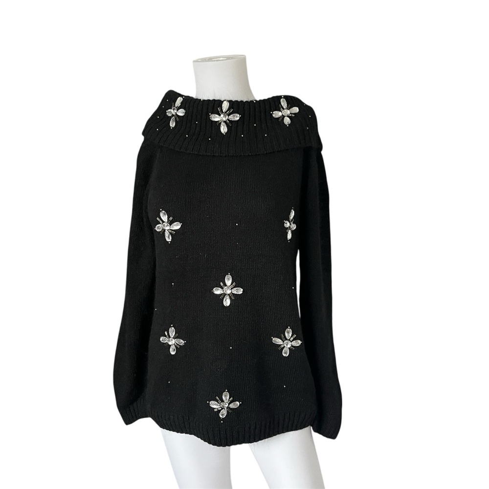 Vintage Cowl Neck Sweater Silk Angora Wool Knit Black Jewel Womens Size Medium M
